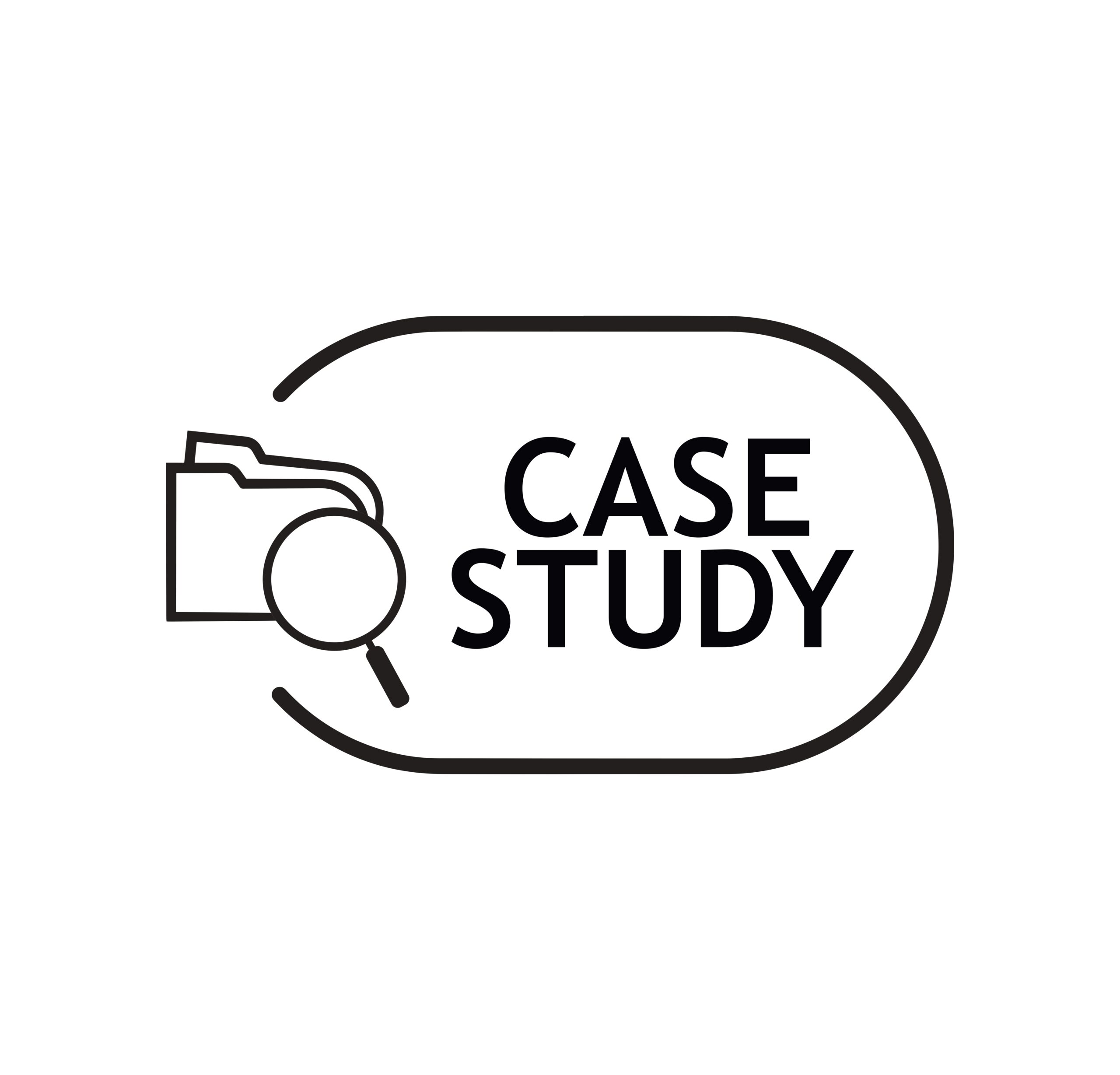 a folder, magnifying glass and case study